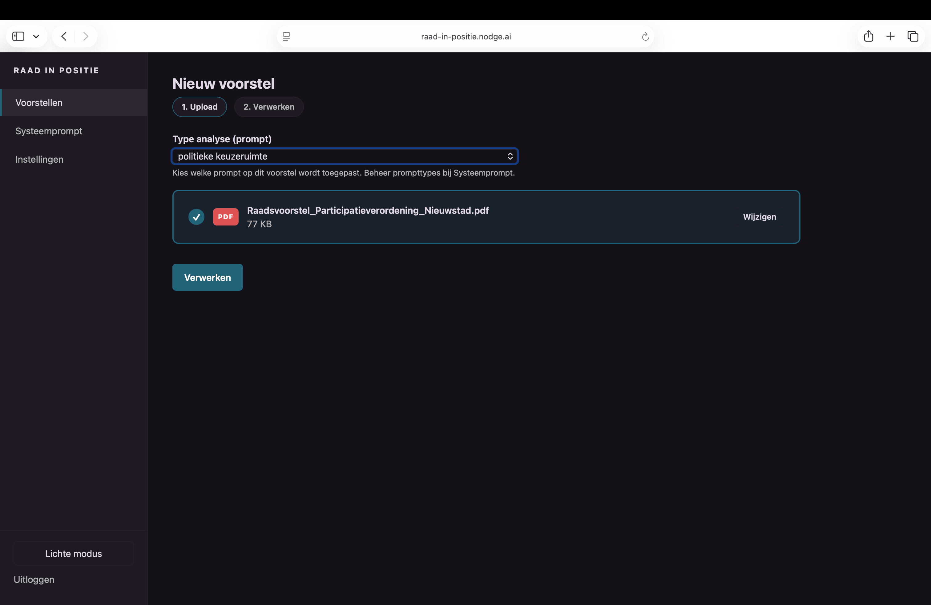 Upload van een raadsvoorstel in Raad in Positie met keuze van het type analyse