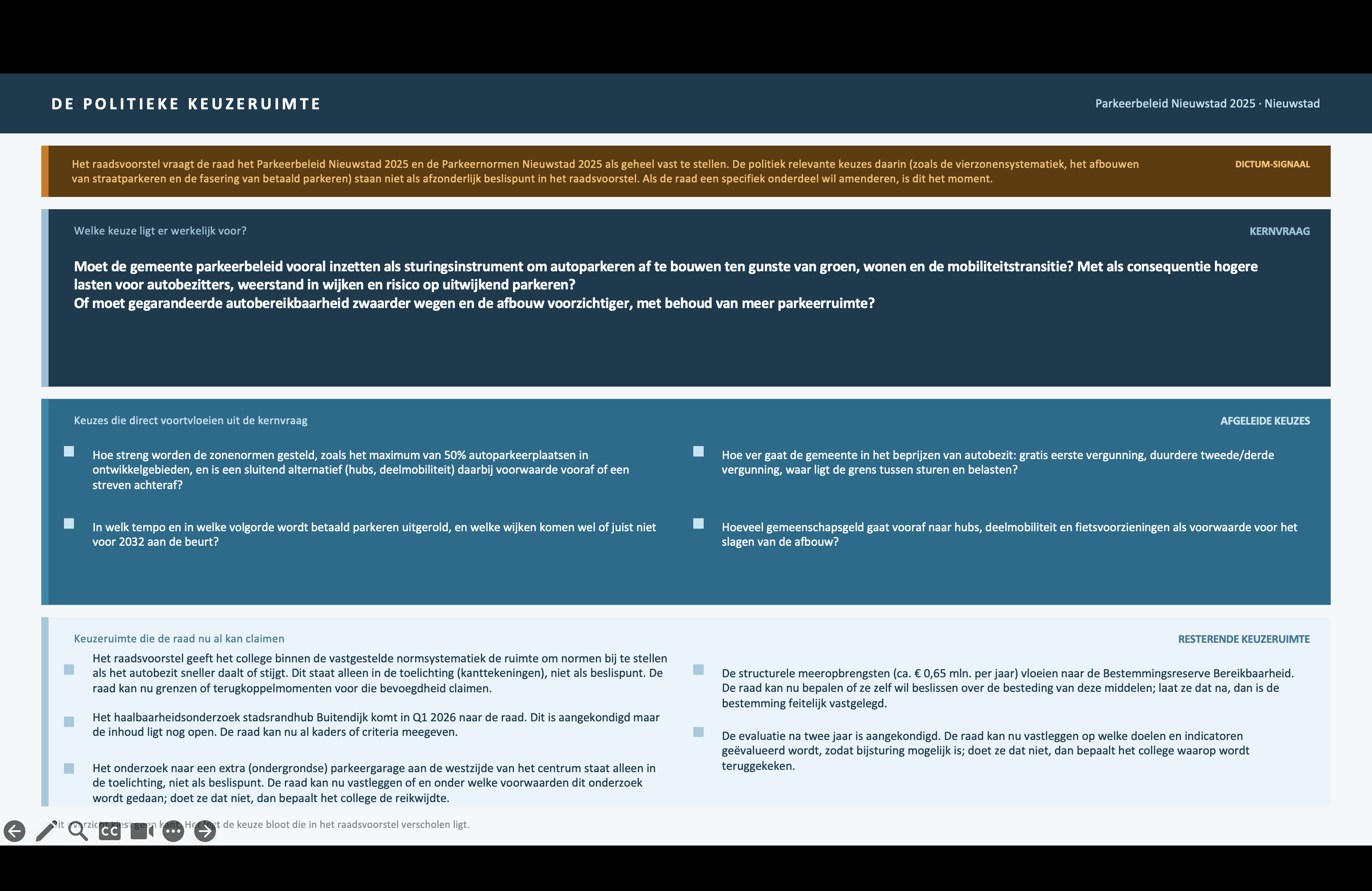 Voorbeeld van de PowerPoint-analyse met de politieke keuzeruimte van een raadsvoorstel