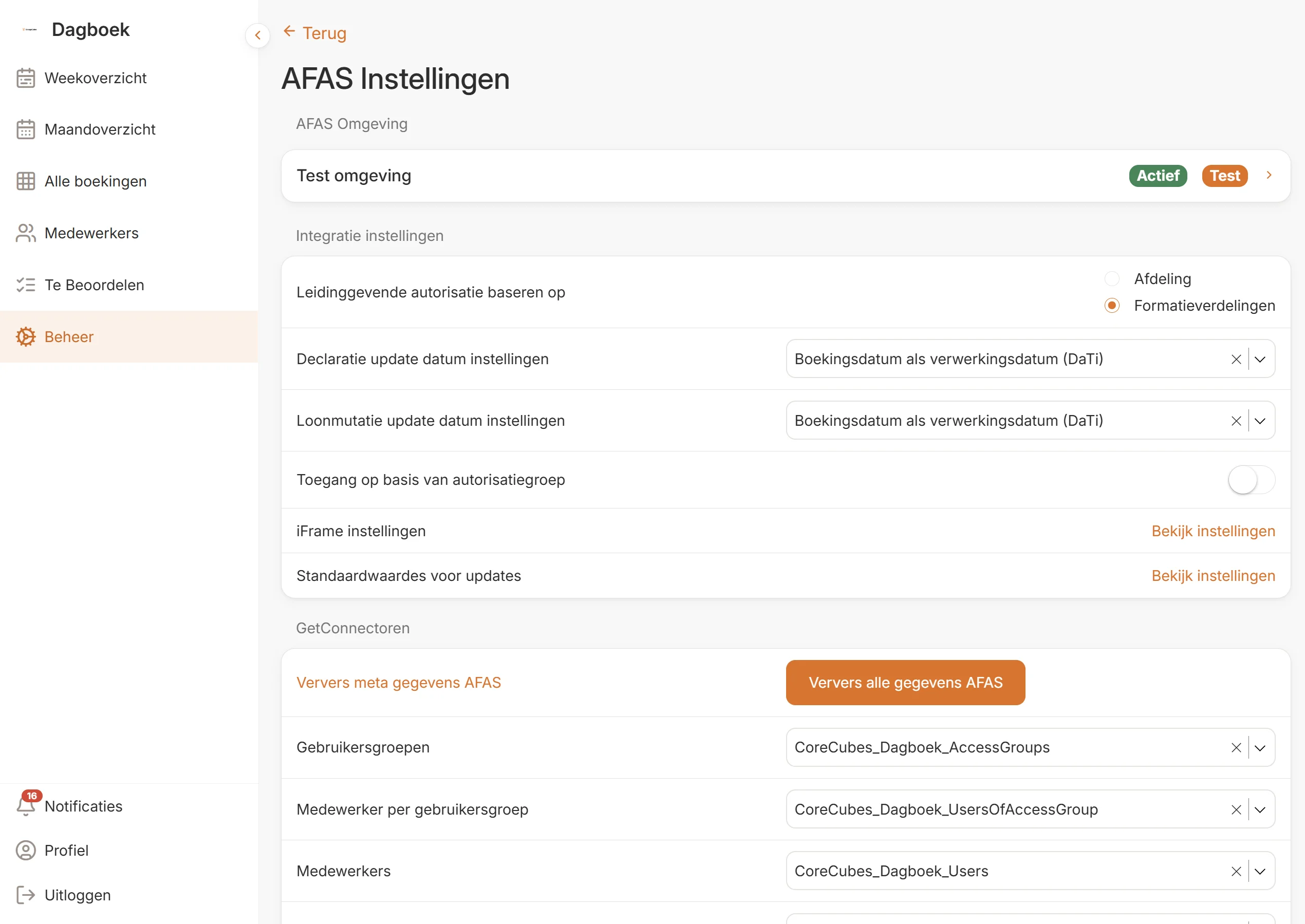 CoreCubes AFAS-instellingen