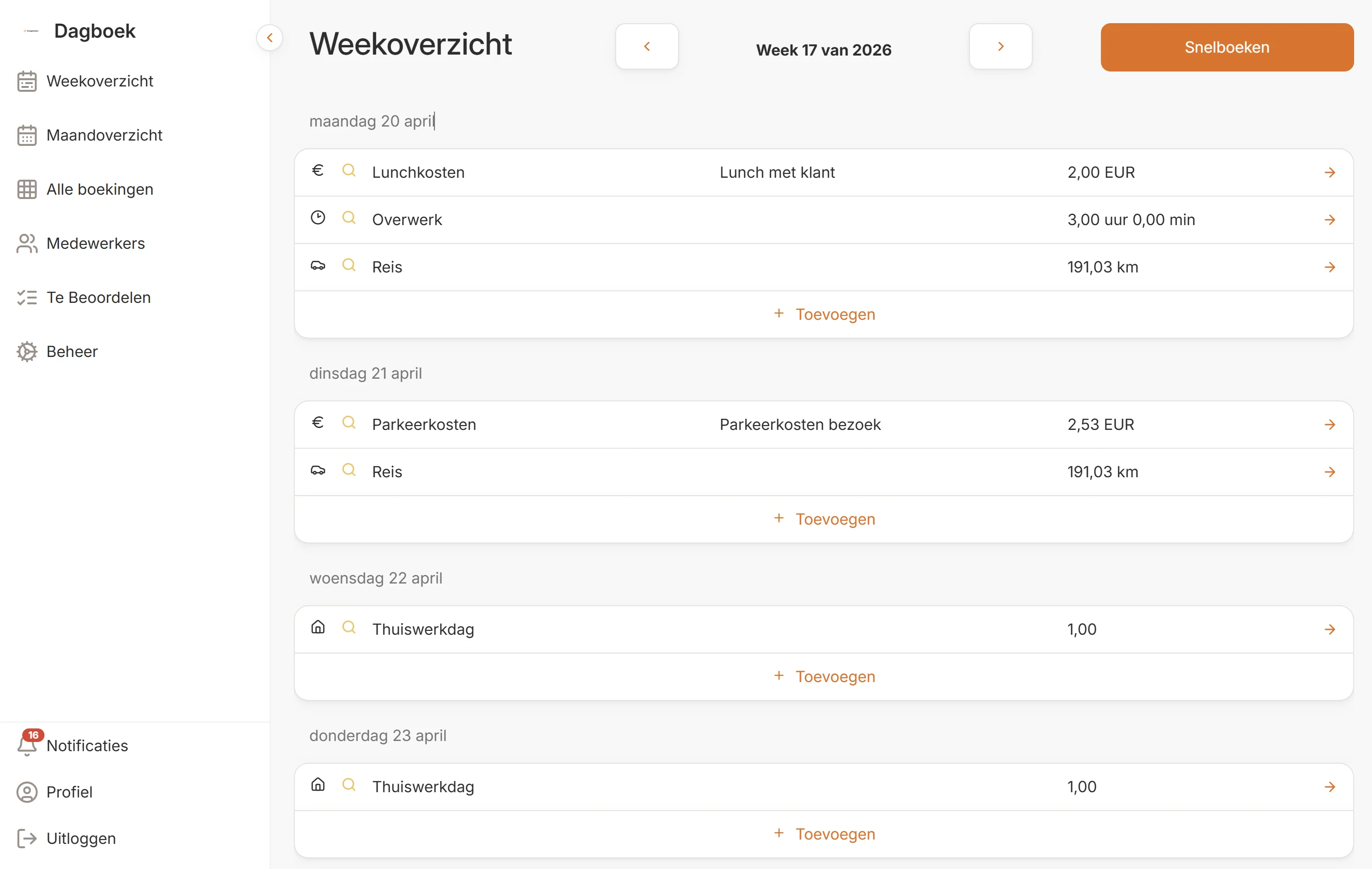 CoreCubes weekoverzicht voor registratie van mobiliteit, declaraties en uren